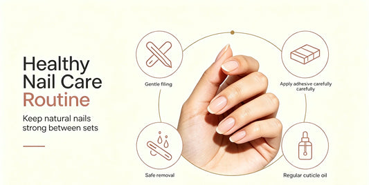 Healthy nail care routine infographic for press‑on nails, four‑step nail health guide